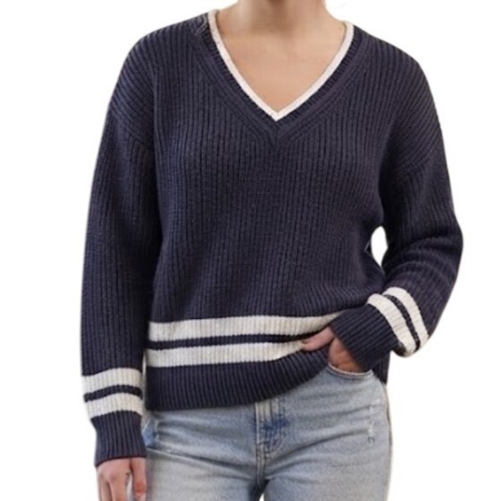 Lucky Brand Navy Blue V-Neck Shaker Stitch Striped Sweater Large